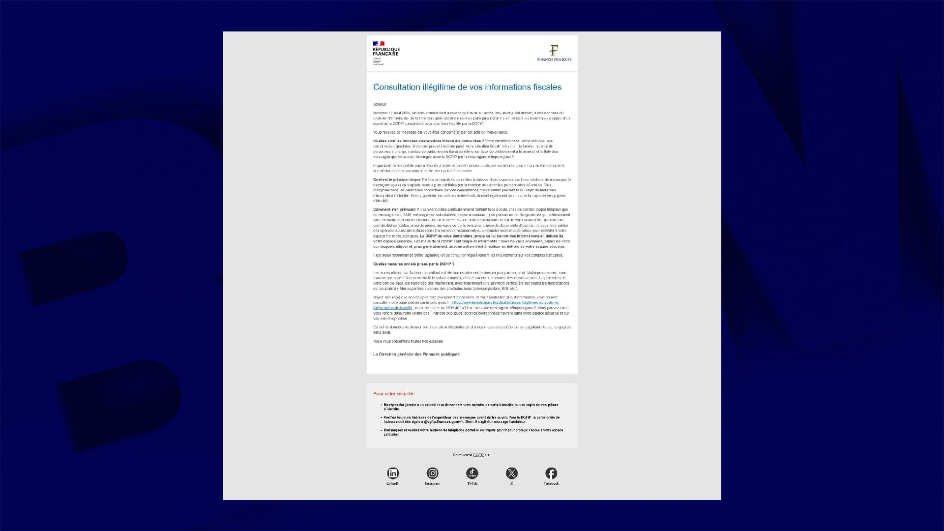 Répercussions du piratage des Finances publiques